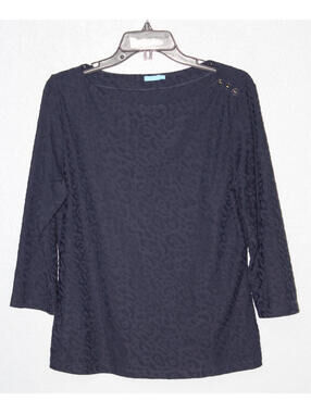 J. McLaughlin LARGE Carly Textured 3/4 Sleeve Top Blue Jacquard Emboss Leopard